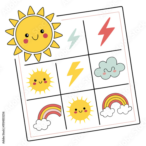 Adorable weather themed tic tac toe game featuring cute smiling suns playful rainbows stormy clouds and lightning bolts for children's educational fun