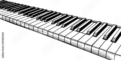 A classic handdrawn black and white illustration of a piano keyboard providing an evocative visual for music education
