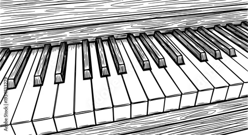 A classic handdrawn black and white illustration of a piano keyboard providing an evocative visual for music education