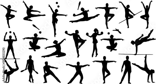 Dynamic collection of gymnastic and circus performance silhouettes featuring acrobats, dancers, jugglers, and balance acts for sports, entertainment