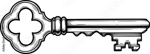 Classic vintage skeleton key drawing featuring a quatrefoil bow and intricate bit, perfect for historical documents