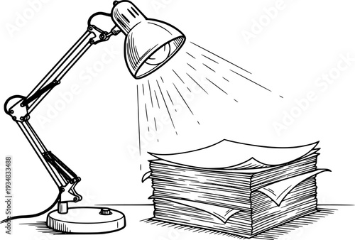 Handdrawn sketch of a flexible desk lamp illuminating a stack of documents