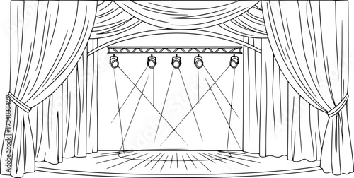 Elegant single line drawing depicting an empty performance stage setup with spotlights and flowing drapes