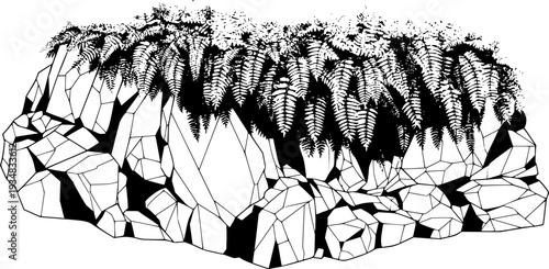 Natural rock formation covered with lush ferns