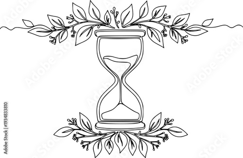 Elegant single continuous line drawing of an hourglass connected to various stylized leaves and plant motifs