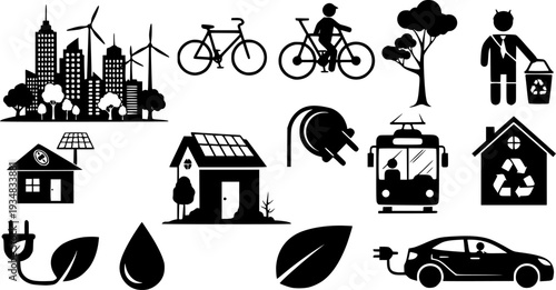 Modern black silhouette icons illustrating urban sustainability, ecofriendly city living, green spaces, public transport, and waste management for environmental awareness