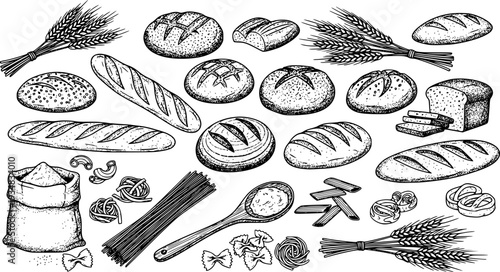 Abundant assortment of bread loaves, pasta, flour, and wheat stalks
