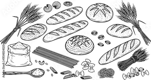 Abundant assortment of bread loaves, pasta, flour, and wheat stalks