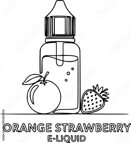 Continuous line drawing of a vape eliquid bottle with orange and strawberry fruit flavors