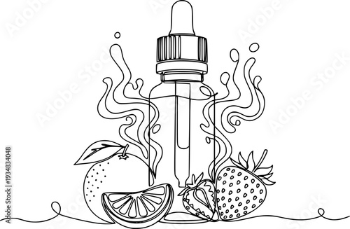 Continuous line drawing of a vape eliquid bottle with orange and strawberry fruit flavors
