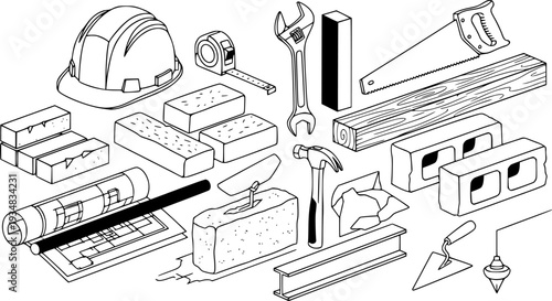 Collection of essential construction materials and building elements representing various stages of architectural development and structural engineering 