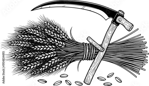 Traditional farm scythe tool for harvesting grain crops bundled with ripe wheat ears and scattered seeds symbolizing agricultural labor and natural food production