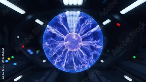 Electric Orb of Energy: A close-up shot of a mesmerizing electric orb, radiating with vibrant blue energy, showcasing the captivating power of technology and scientific discovery.