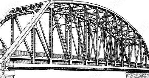 Detailed ink drawing of a classic steel truss bridge showcasing complex structural engineering and architectural design