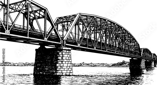 Detailed ink drawing of a classic steel truss bridge showcasing complex structural engineering and architectural design