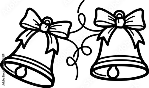 Simple line drawing of two celebration bells with a decorative bow connected by a whimsical coiled line