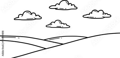 Hand drawn outline clouds floating across a simple sky above a rolling landscape