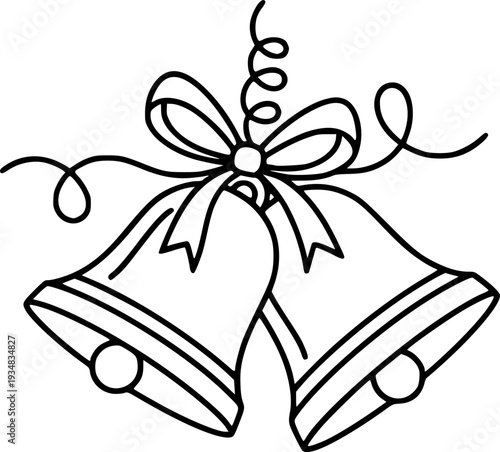 Simple line drawing of two celebration bells with a decorative bow connected by a whimsical coiled line
