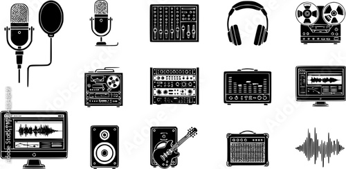 Glyph icons for audio production and sound engineering, showcasing studio equipment, music mixing, sound waves, and industry professionals