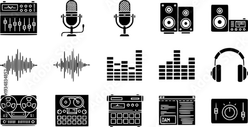 Glyph icons for audio production and sound engineering, showcasing studio equipment, music mixing, sound waves, and industry professionals