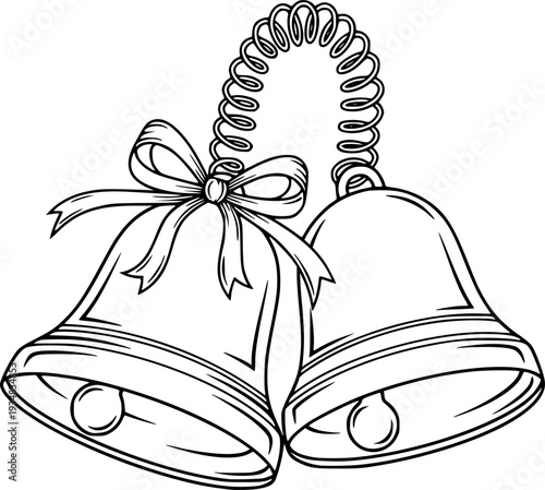 Simple line drawing of two celebration bells with a decorative bow connected by a whimsical coiled line