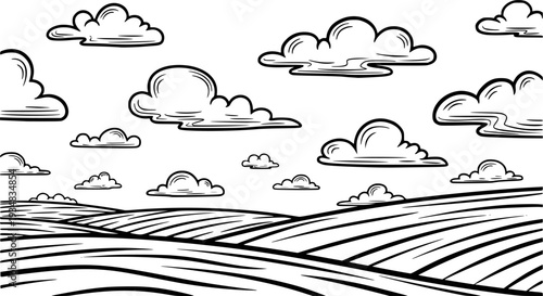 Hand drawn outline clouds floating across a simple sky above a rolling landscape