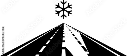 Simple graphic symbol depicting a snowflake hovering over a receding road with lane markings, signifying snowy or icy driving conditions for weather warnings and traffic alerts.
