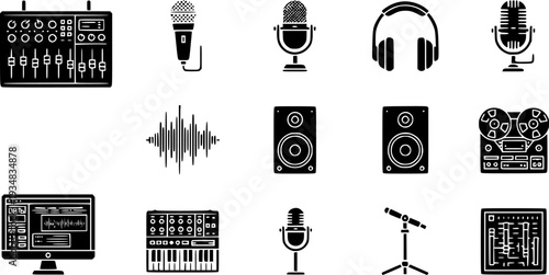 Glyph icons for audio production and sound engineering, showcasing studio equipment, music mixing, sound waves, and industry professionals