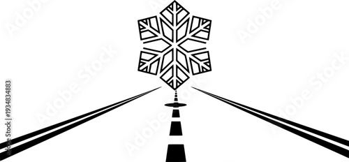 Simple graphic symbol depicting a snowflake hovering over a receding road with lane markings, signifying snowy or icy driving conditions for weather warnings and traffic alerts.