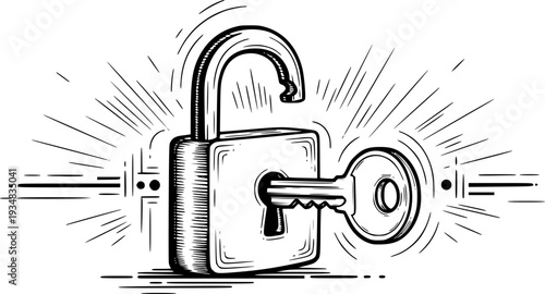 Hand drawn style padlock and key opening security system icon or symbol illustration