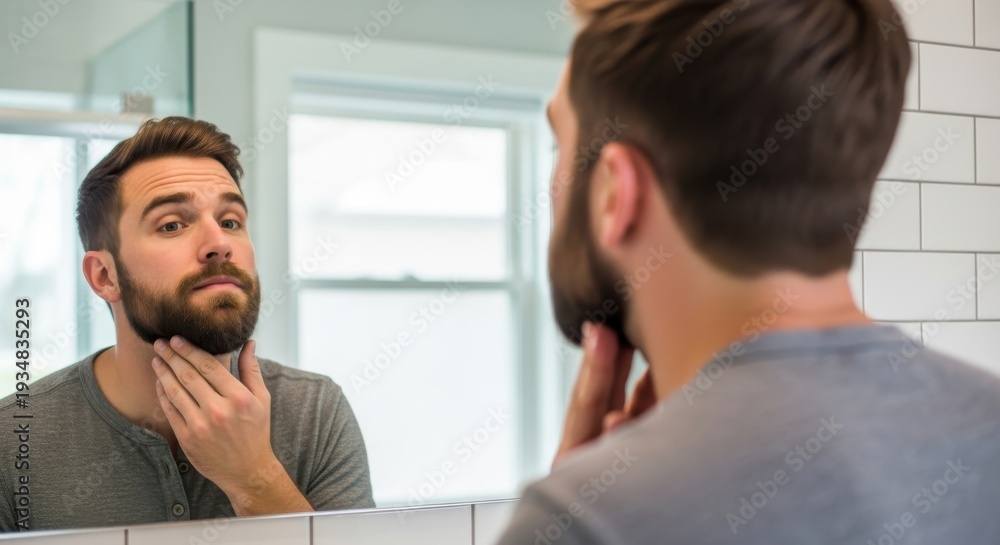Fototapeta premium Bearded man examines his facial hair while looking into a bathroom mirror