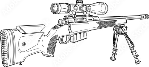 Detailed line drawing of a powerful bolt action sniper rifle with an optical sight and bipod