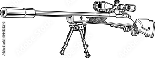 Detailed line drawing of a powerful bolt action sniper rifle with an optical sight and bipod
