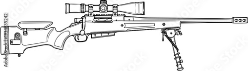 Detailed line drawing of a powerful bolt action sniper rifle with an optical sight and bipod