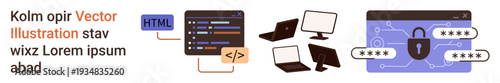 Website security, programming education, data privacy, cyber protection, online authentication, and digital safety. Illustration includes coding screen, multi-device setup, and password-protected