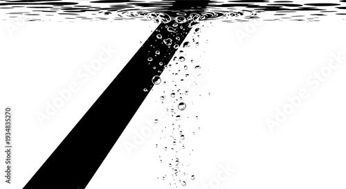 Black and white sketch illustrating bright sunlight streaming into the water with many rising gas bubbles