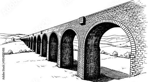 Hand drawn black and white sketch of a long stone arched viaduct disappearing into perspective