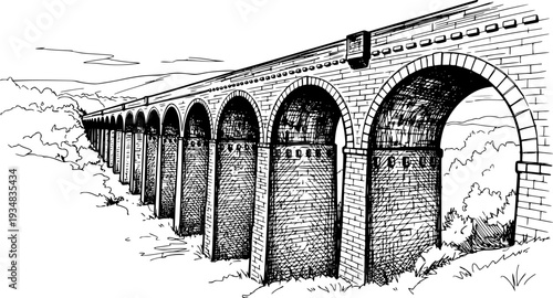 Hand drawn black and white sketch of a long stone arched viaduct disappearing into perspective