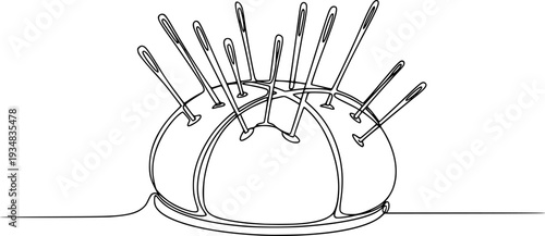 Continuous line drawing of a sewing pincushion filled with needles