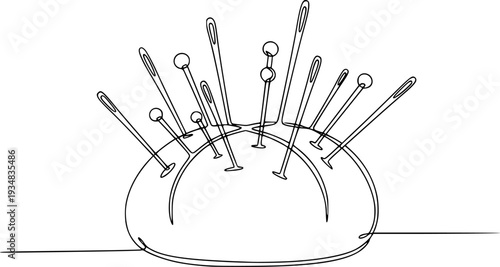 Continuous line drawing of a sewing pincushion filled with needles