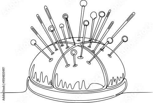 Continuous line drawing of a sewing pincushion filled with needles