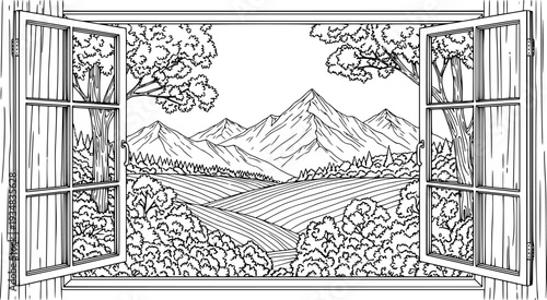 Detailed outline drawing of a window looking out onto a beautiful mountainous landscape with lush trees