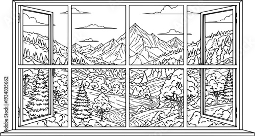 Detailed outline drawing of a window looking out onto a beautiful mountainous landscape with lush trees