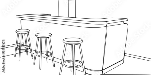Continuous line drawing of a modern bar counter with three high stools