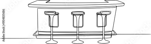 Continuous line drawing of a modern bar counter with three high stools
