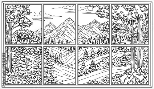 Detailed outline drawing of a window looking out onto a beautiful mountainous landscape with lush trees