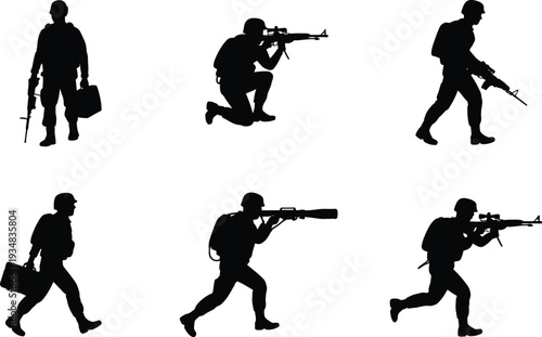 Military Soldiers Silhouette Set, Special Forces Soldiers in Combat Action and Tactical Missions