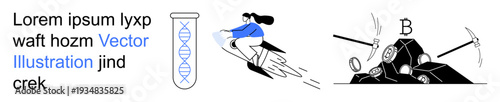 Scientific discovery, futuristic transportation, digital economy, innovation, cryptocurrency, blockchain technology. DNA in a test tube, woman on a jetpack mining Bitcoin. Scientific discovery