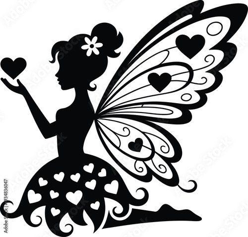 Cute Fairy Silhouette Vector Illustration with Heart Patterns for Kids and Magic Concepts