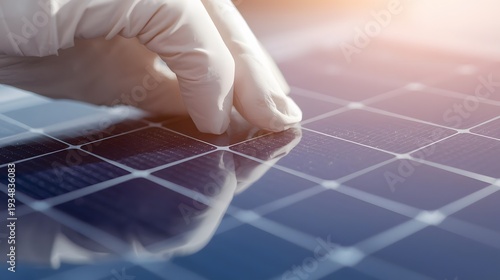Technician Inspecting Photovoltaic Solar Panel Cells for Quality Control and Clean Energy Efficiency